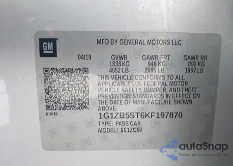 2019 Chevrolet Malibu 1Ls z USA, uszkodzony, nr VIN 1G1ZB5ST6KF197870